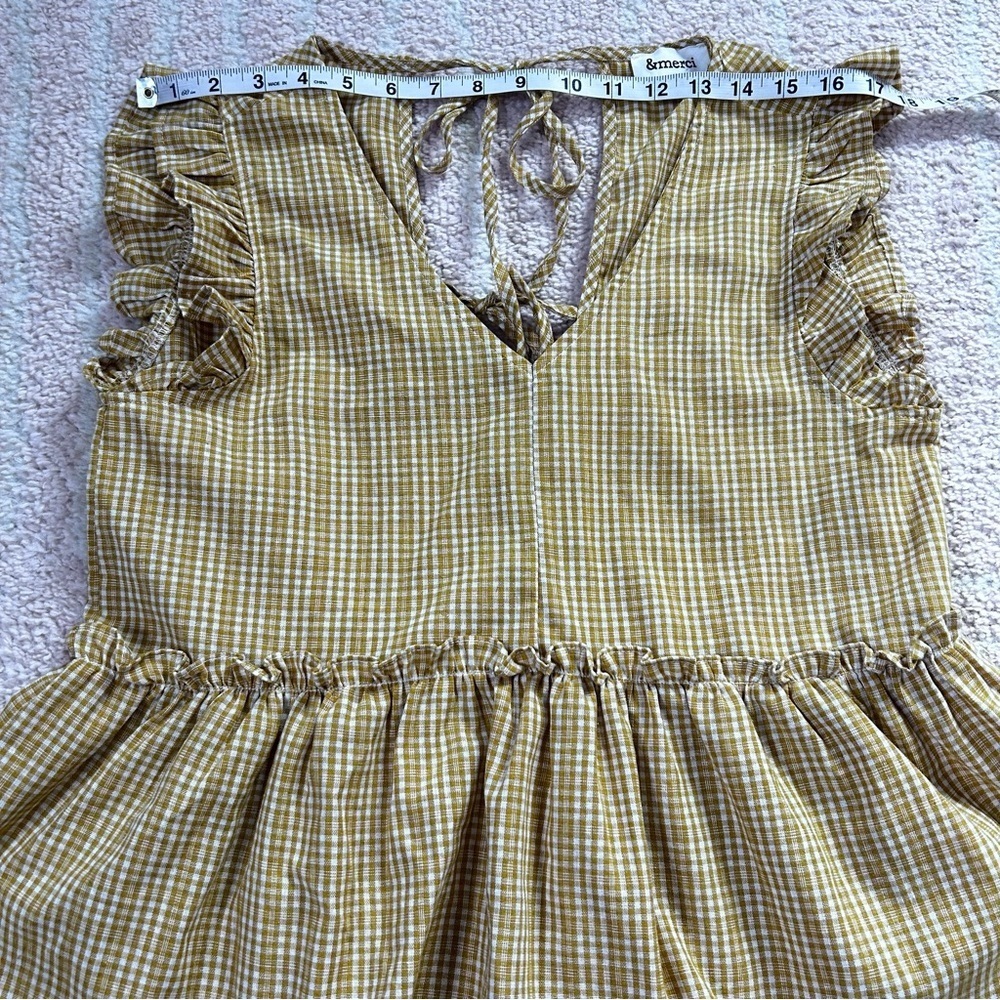 &Merci Mustard Gingham Plaid Babydoll Top Open Tie Back Ruffle Sleeves Small - Picture 6 of 12